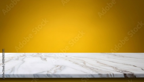 Isolated single white empty marble surface on yellow solid backgrounda for product placement, modern slab texture blank minimal object. empty space photo