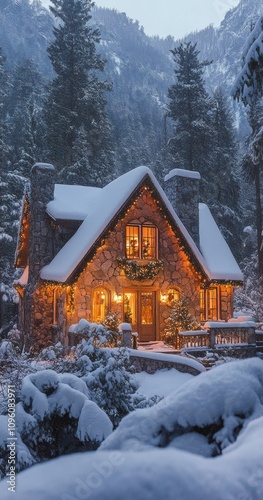 Charming stone cottage illuminated by warm lights in a snowy winter landscape at twilight photo