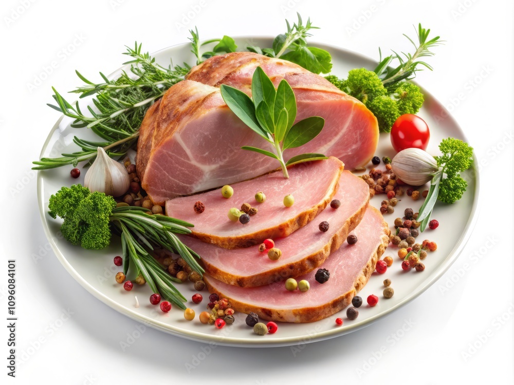 Double Exposure Photography of a Plate with Tasty Smoked Ham Against a White Background Featuring Fresh Herbs and Spices for Culinary Imagery, Gourmet Food, and Gastronomic Inspiration Double Exposure Photography of a Plate with Tasty Smoked Ham Against a White Background Featuring Fresh Herbs and Spices for Culinary Imagery, Gourmet Food, and Gastronomic Inspiration