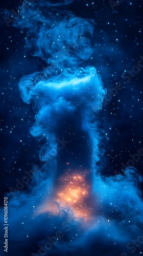 Smooth blue smoke gently swirling in front of a night blue starry sky for smartphone wallpaper