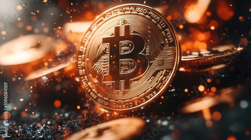 Cryptocurrency Bitcoin Coin Displays Decentralized Peer-to-Peer Digital Currency with Glowing Sparks Background