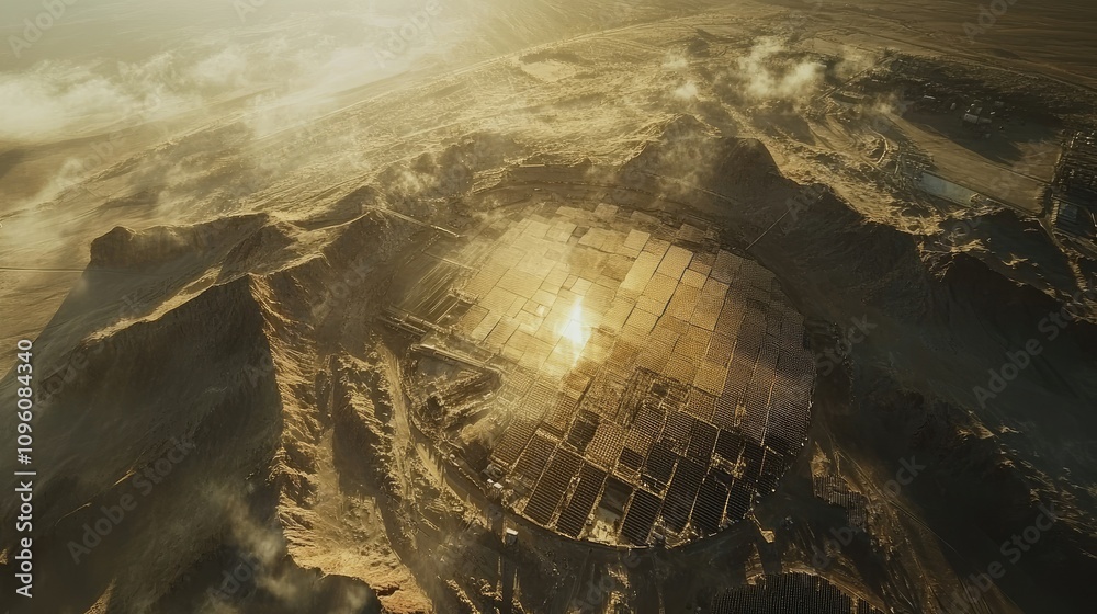 Aerial view of a large solar thermal power plant in the desert, highlighting the vast network of reflective mirrors used to harness solar energy Aerial view of a large solar thermal power plant in the desert, highlighting the vast network of reflective mirrors used to harness solar energy