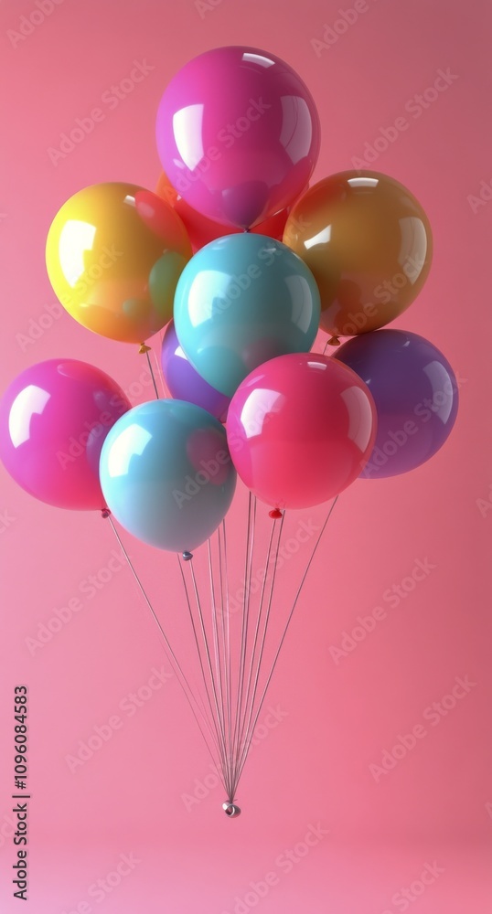 Colorful balloons floating against a vibrant pink background for a festive celebration