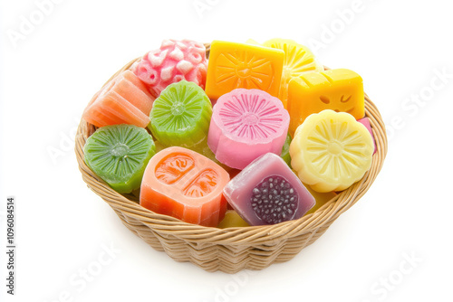 Close-up view of a variety of colorful hard candies in a shallow woven basket.