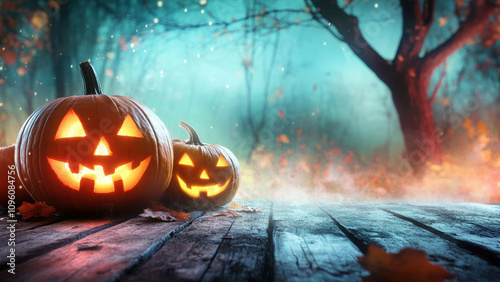 Two carved pumpkins with glowing faces sit on a wooden surface with fallen autumn leaves.