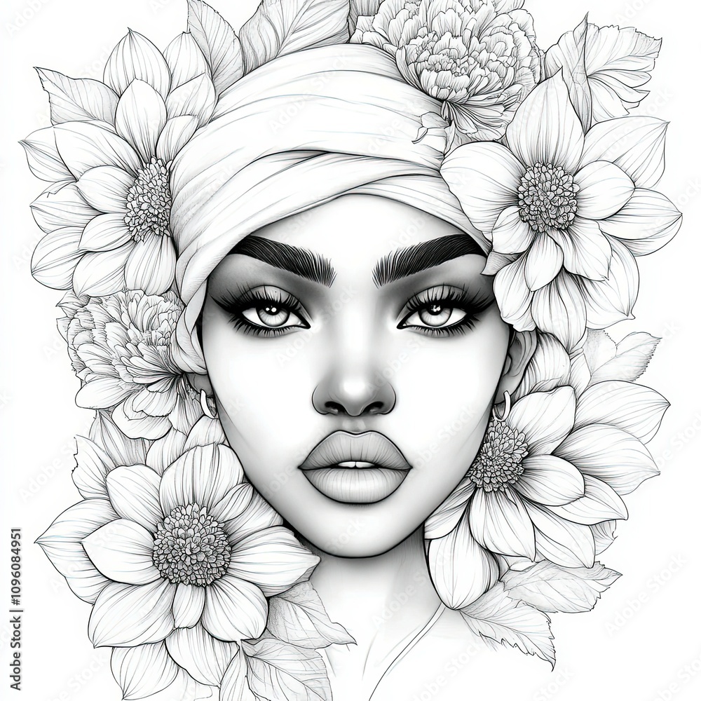 Portrait of a woman with flowers in her hair showcasing beauty and confidence in a detailed black and white illustration Portrait of a woman with flowers in her hair showcasing beauty and confidence in a detailed black and white illustration