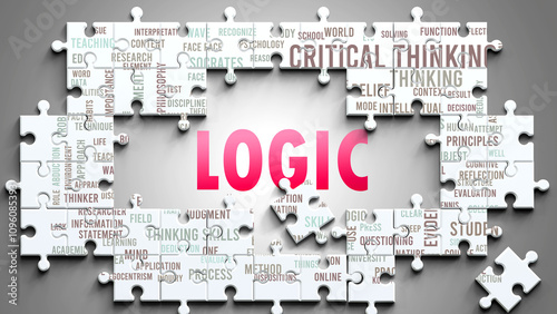 Logic as a complex subject, related to important topics. Pictured as a puzzle and a word cloud made of most important ideas and phrases related to logic. ,3d illustration photo