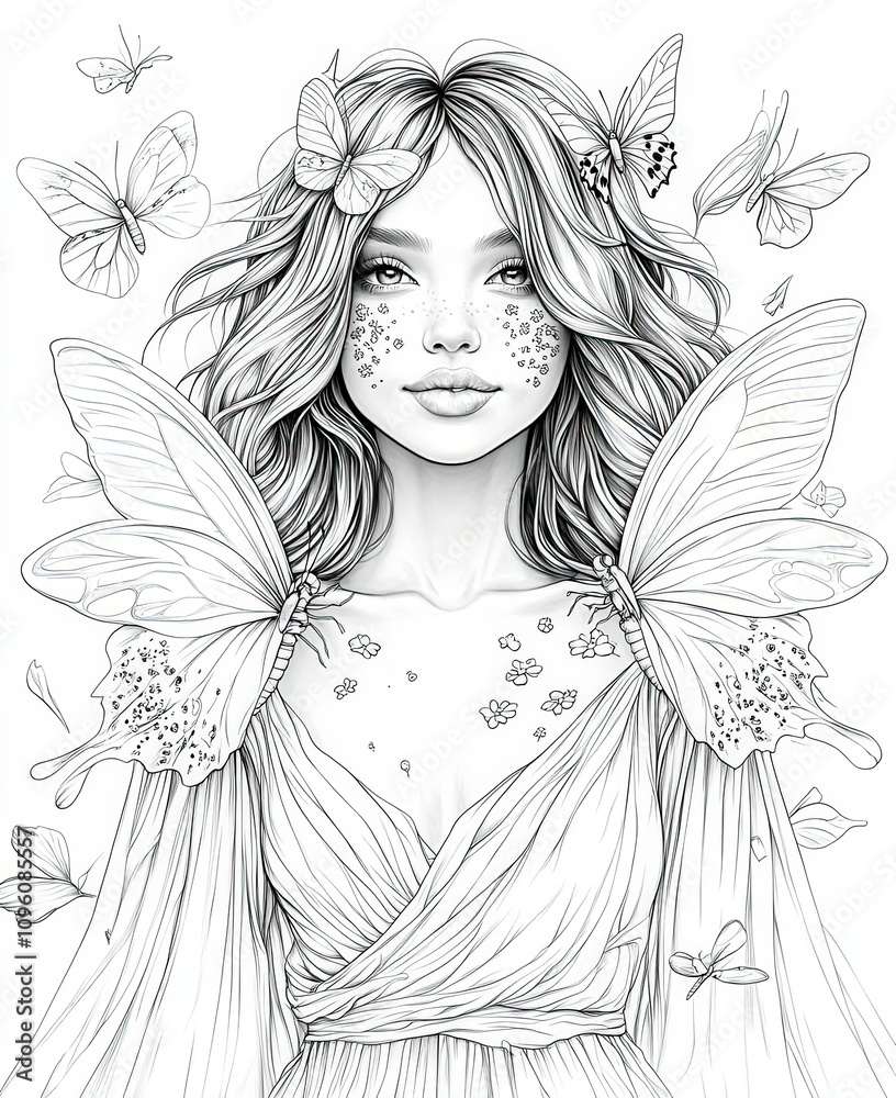 Portrait of a fairy with butterflies surrounded by delicate flowers in a whimsical, nature-inspired setting