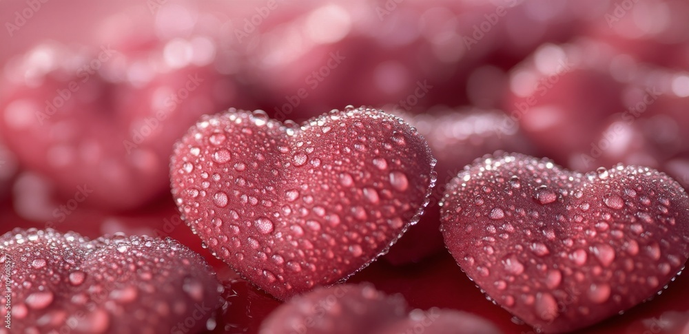 Delicate pink hearts adorned with droplets resting on a wet surface in soft light Delicate pink hearts adorned with droplets resting on a wet surface in soft light