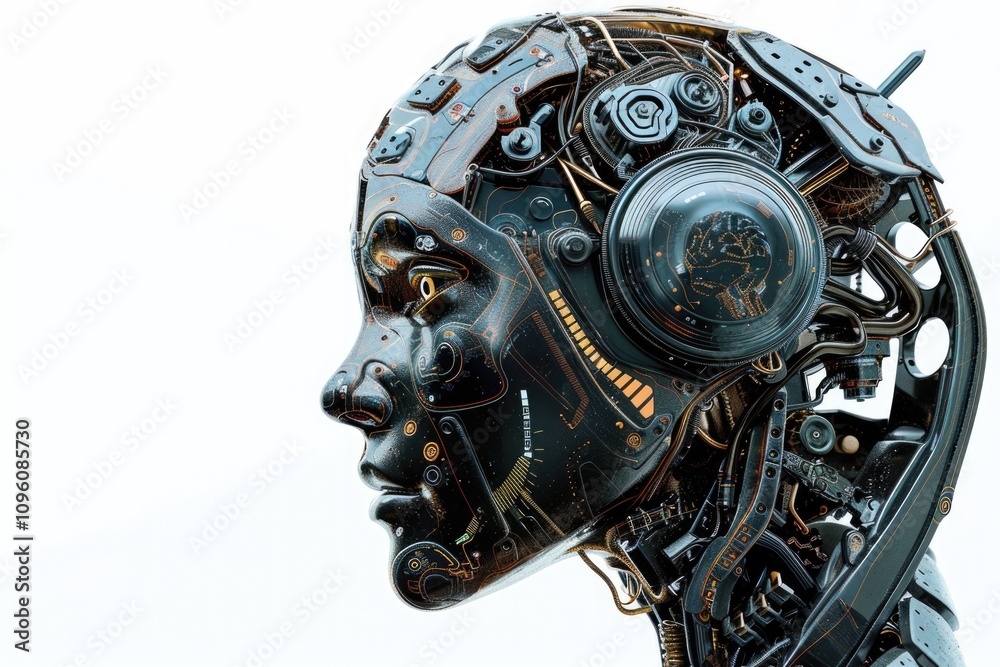 AI robot head with digital brain engine on white background. AI robot head with digital brain engine on white background.
