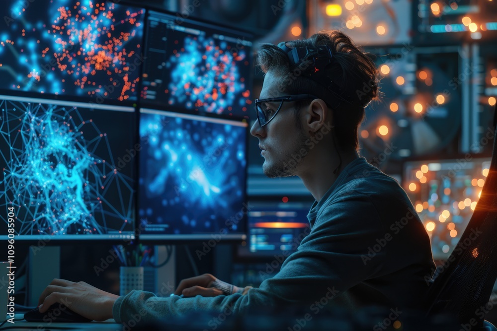 Male engineer creates neural network in office full of displays. Male engineer creates neural network in office full of displays.