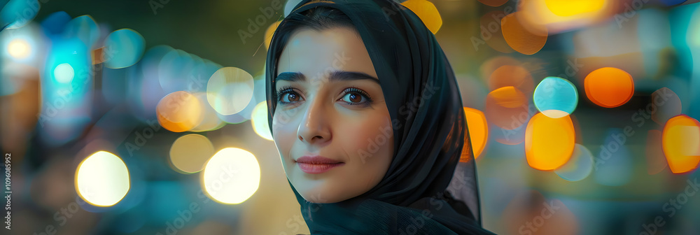 Woman in Headscarf Smiles, Night City Lights Blurred Background, Portrait Photography Woman in Headscarf Smiles, Night City Lights Blurred Background, Portrait Photography