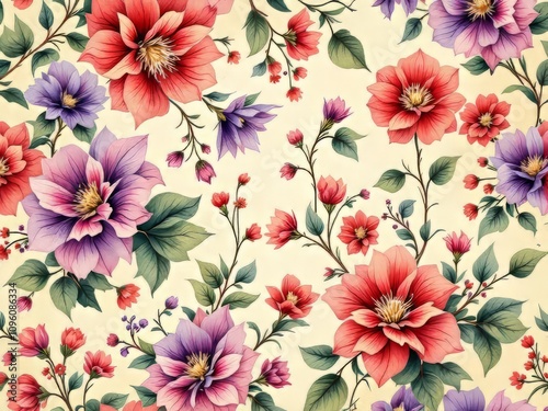 Red, purple, and green flowers in a long exposure seamless pattern.