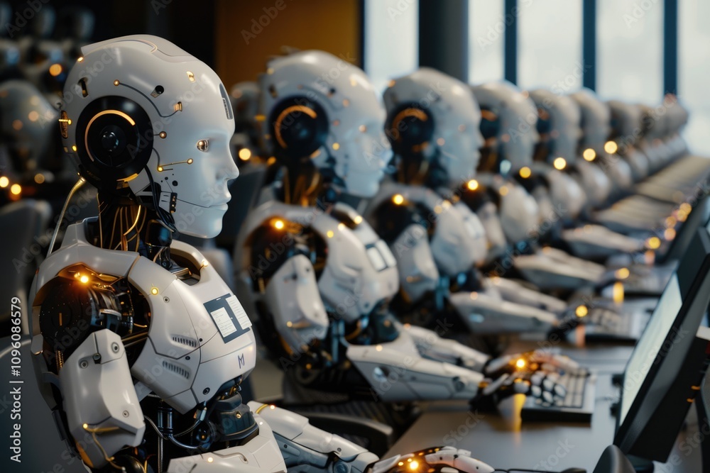 Fototapeta premium AI robots in office impact on employment.