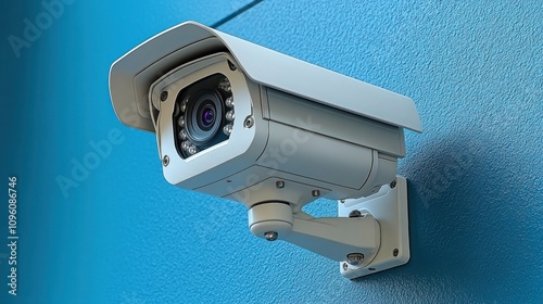 Surveillance camera mounted on a blue wall for security monitoring.