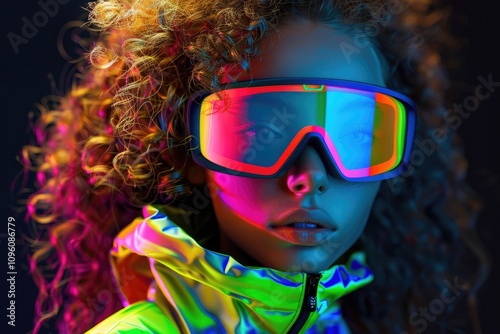 Futuristic girl with curly hair in reflective outfit poses. photo