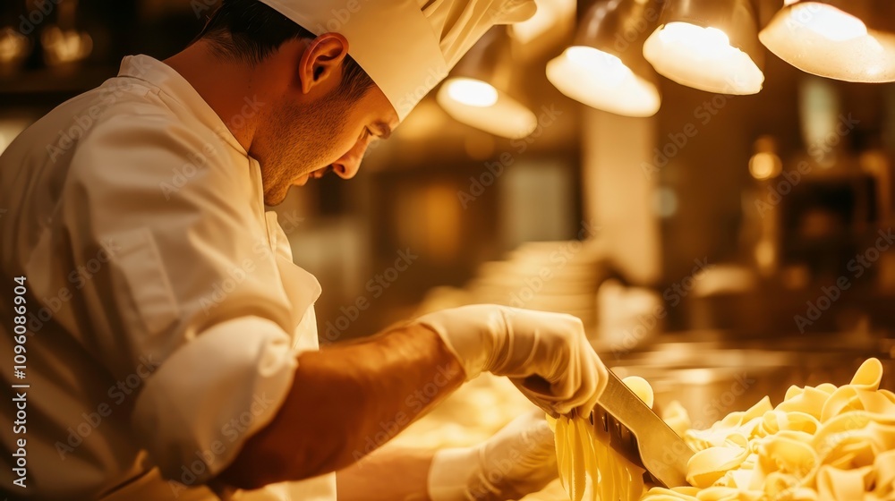 Obraz premium Chef Preparing Fresh Pasta in Restaurant Kitchen