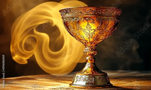 A beautifully ornate golden chalice illuminated by soft light.