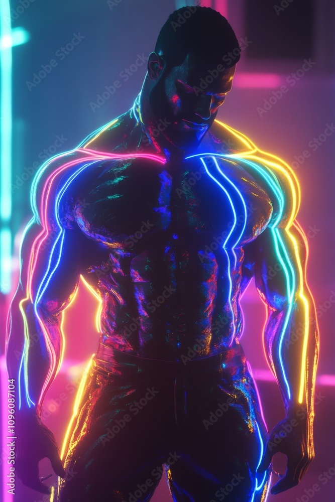 A muscular figure stands confidently, bathed in colorful neon lights. The intense glow accentuates the contours of the body, creating a striking visual effect A muscular figure stands confidently, bathed in colorful neon lights. The intense glow accentuates the contours of the body, creating a striking visual effect