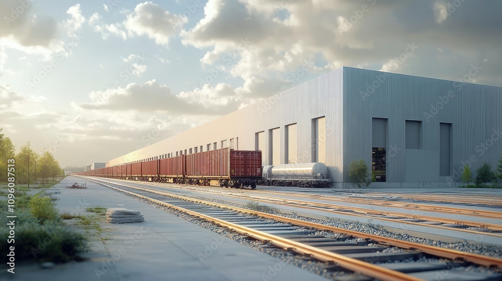 Fototapeta premium Exterior view of a large industrial warehouse building with a row of freight cars, highlighting the scale and functionality of industrial infrastructure