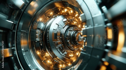 Futuristic cryptocurrency vault featuring complex security systems, high-tech metallic surfaces, and digital interfaces, with a cinematic atmosphere and advanced design