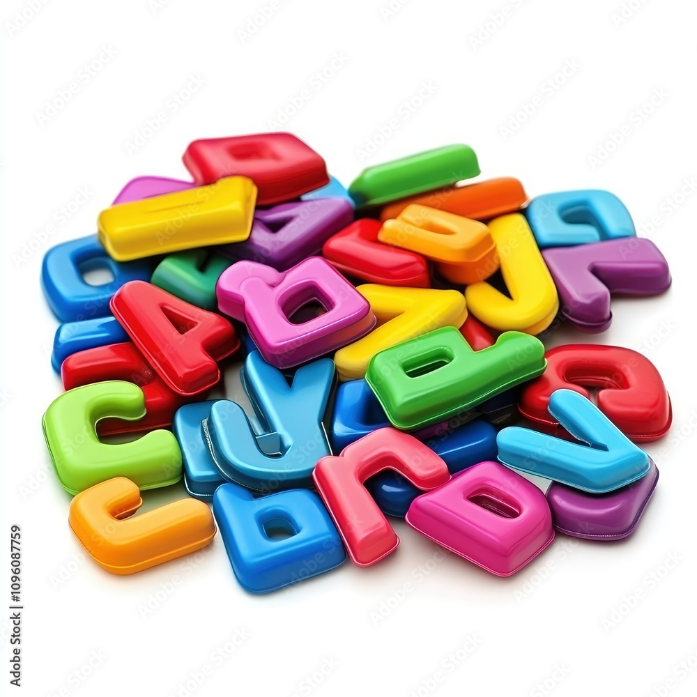 Naklejka premium A colorful assortment of plastic alphabet letters scattered playfully.