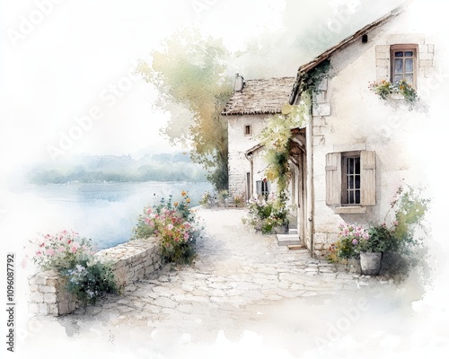 Charming lakeside village with stone cottages, cobblestone streets, vibrant flowers, evoking rustic European allure in watercolor style