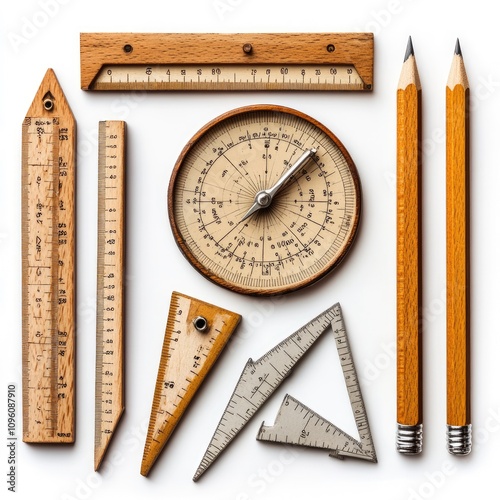 A collection of wooden and metal drafting tools arranged artistically.
