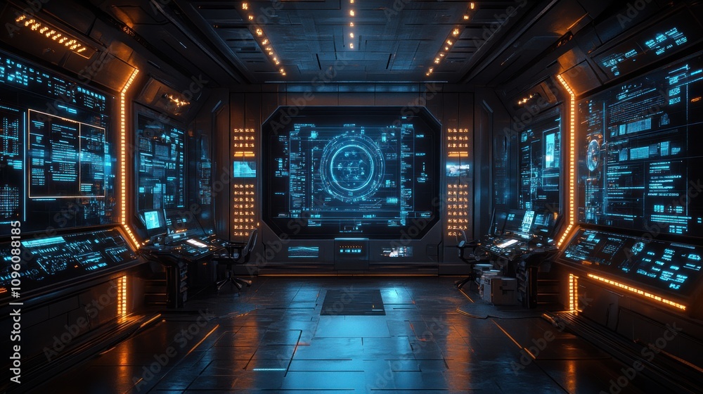 A futuristic control room with glowing interfaces and data displays. A futuristic control room with glowing interfaces and data displays.