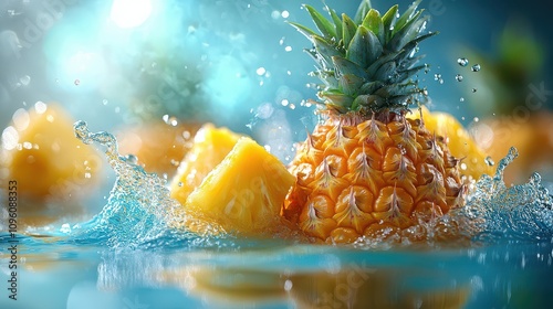 Vibrant Pineapple and Slices Splashing in Aqua Water, a Refreshing Summer Still Life Photography