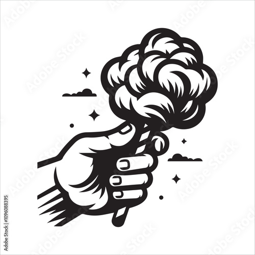 Hand Holding a Delicious Fluffy Cotton Candy. A stylized, black and white illustration of a hand holding a fluffy cotton candy on a stick.