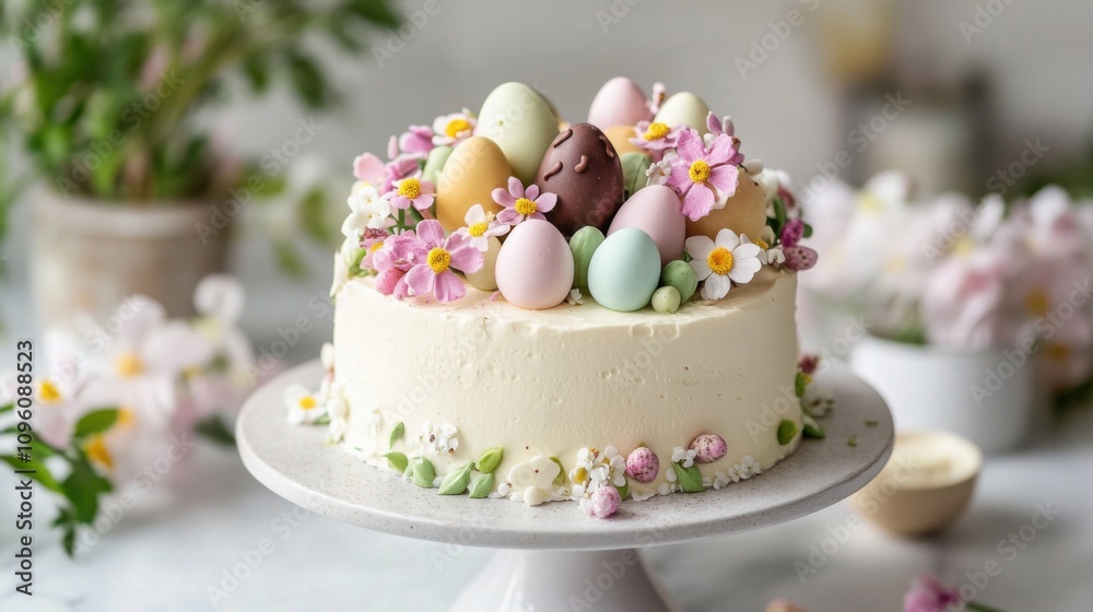 Spring-themed cake with chocolate eggs and blooms Spring-themed cake with chocolate eggs and blooms
