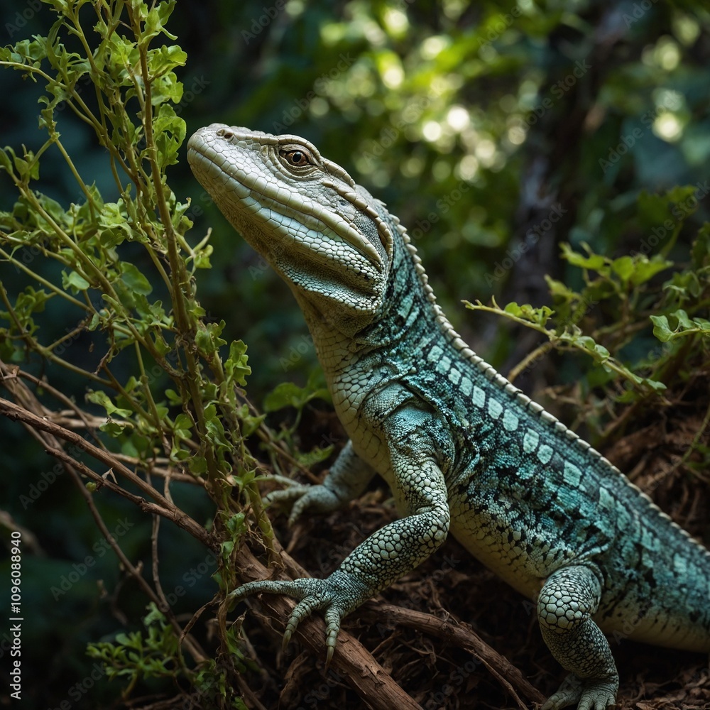 Arboreal alligator lizard climbing glowing vines.
Arboreal alligator lizard climbing glowing vines.