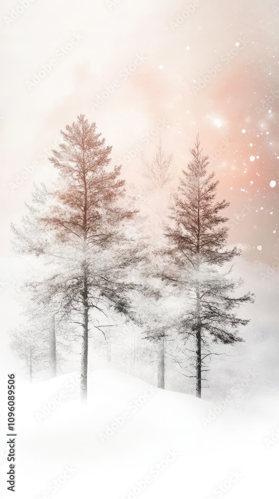 Fototapeta premium Serene Winter Pines, tranquil snow-laden pine trees in a pastel-hued forest, evoking the peaceful beauty of the winter season