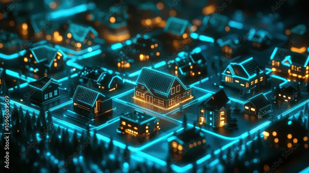 Cyberpunk-Style 3D Render: Illuminated Smart Homes Networked in a Futuristic Neighborhood Cyberpunk-Style 3D Render: Illuminated Smart Homes Networked in a Futuristic Neighborhood