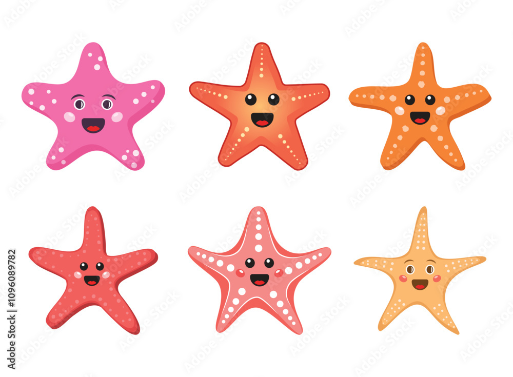 Cute smiling starfish icons set in flat style. Sea stars vector illustration on isolated background. Sea animal sign business concept. Cute smiling starfish icons set in flat style. Sea stars vector illustration on isolated background. Sea animal sign business concept.