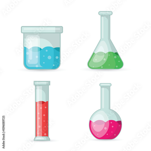 Science lab bottle icon set in flat style. Laboratory glassware equipment vector illustration on isolated background. Test tube sign business concept.