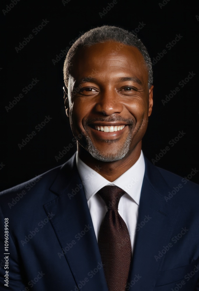 Professional headshot, middle-aged African American man, warm smile, short gray hair, navy blue suit, maroon tie, black background, studio lighting, confident expression, distinguished appearance, cor Professional headshot, middle-aged African American man, warm smile, short gray hair, navy blue suit, maroon tie, black background, studio lighting, confident expression, distinguished appearance, cor