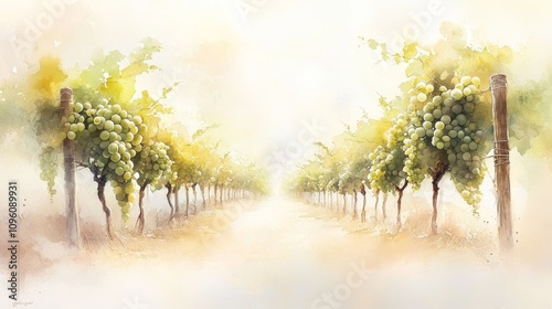 Sunlit vineyard landscape with abundant grapevines, soft watercolor hues capturing the essence of harvest season, serene and inviting atmosphere