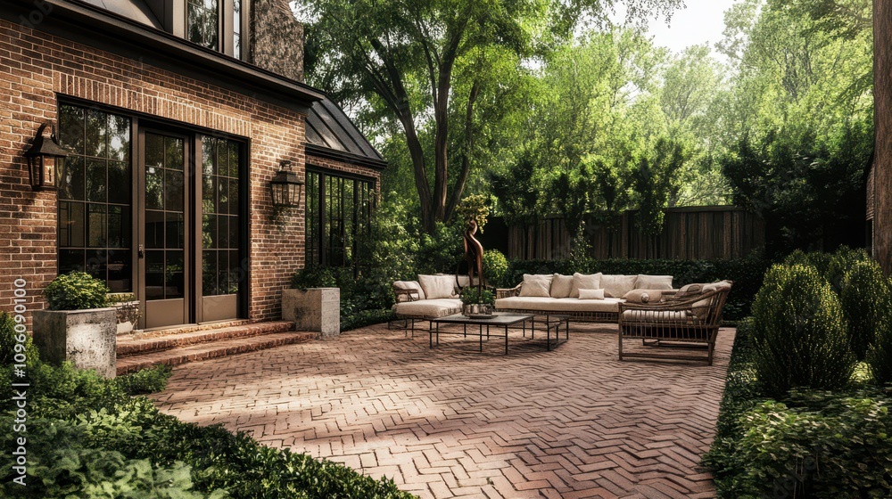 A spacious Chicago-style brick patio in deep brown with herringbone pattern, surrounded by minimal garden art and a suburban ranch house. A spacious Chicago-style brick patio in deep brown with herringbone pattern, surrounded by minimal garden art and a suburban ranch house.
