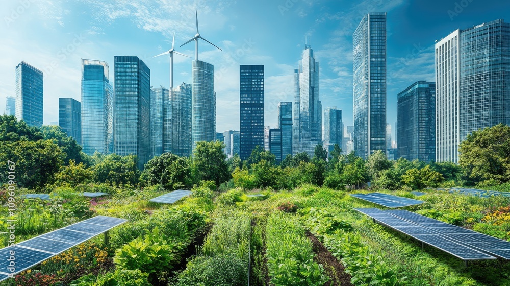 Sustainable Urban Development with Solar Panels and Green Spaces Amidst Skyscrapers Sustainable Urban Development with Solar Panels and Green Spaces Amidst Skyscrapers
