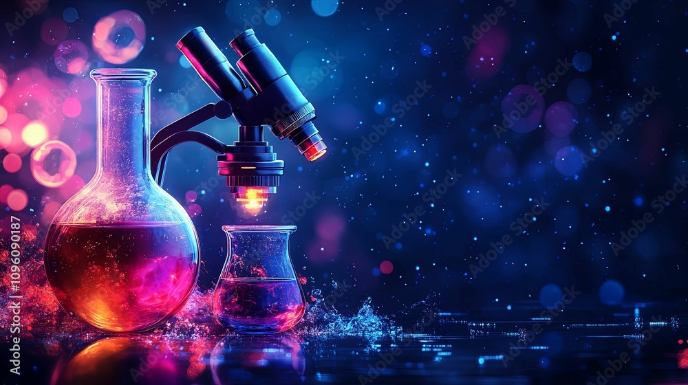 Microscope Analyzing Glowing Colorful Chemical Solutions Microscope Analyzing Glowing Colorful Chemical Solutions