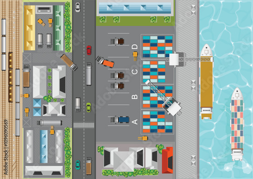 Top view of logistics with cargo train and cargo ship.