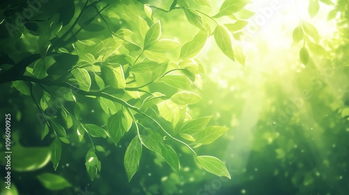 Sunlight filtering through lush green leaves nature scene forest tranquil atmosphere close-up perspective natural beauty