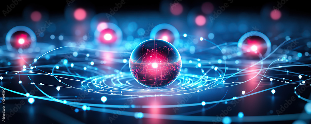 Obraz premium Spheres with glowing patterns in a digital landscape representing advanced technology and science concepts