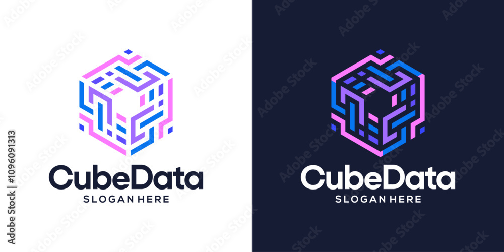 Data storage design logo. Hexagon box logo with abstract technology data digital symbol design vector icon