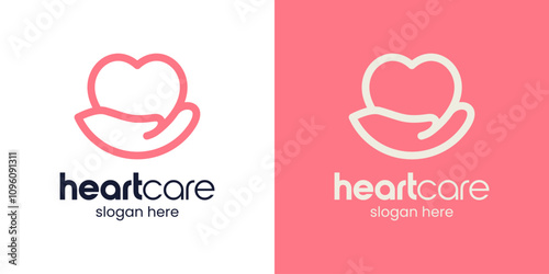 Health care design logo. Love heart shape logo with hand logo with minimalist line style design vector symbol icon