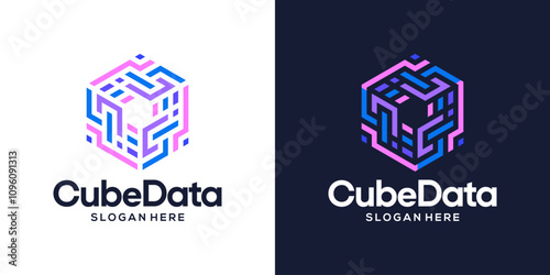Data storage design logo. Hexagon box logo with abstract technology data digital symbol design vector icon