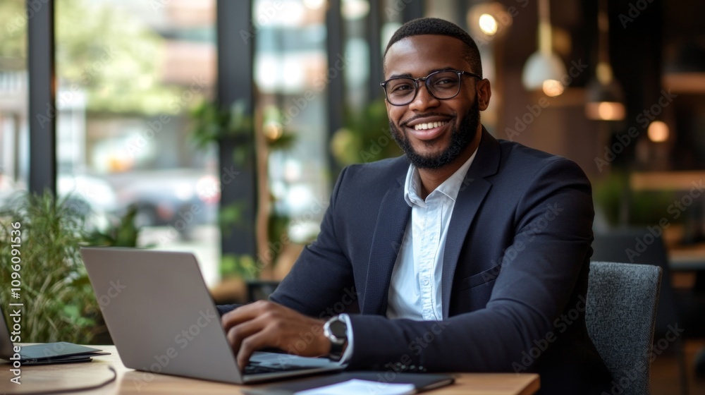 Professional man working on laptop modern office space business portrait urban environment engaging viewpoint career growth concept Professional man working on laptop modern office space business portrait urban environment engaging viewpoint career growth concept