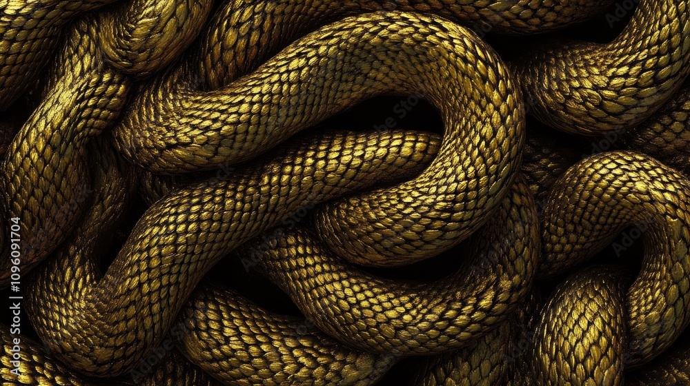 Fototapeta premium Golden metal texture resembling the scales of a dragon or snake, with intricate details and a shimmering, metallic finish.